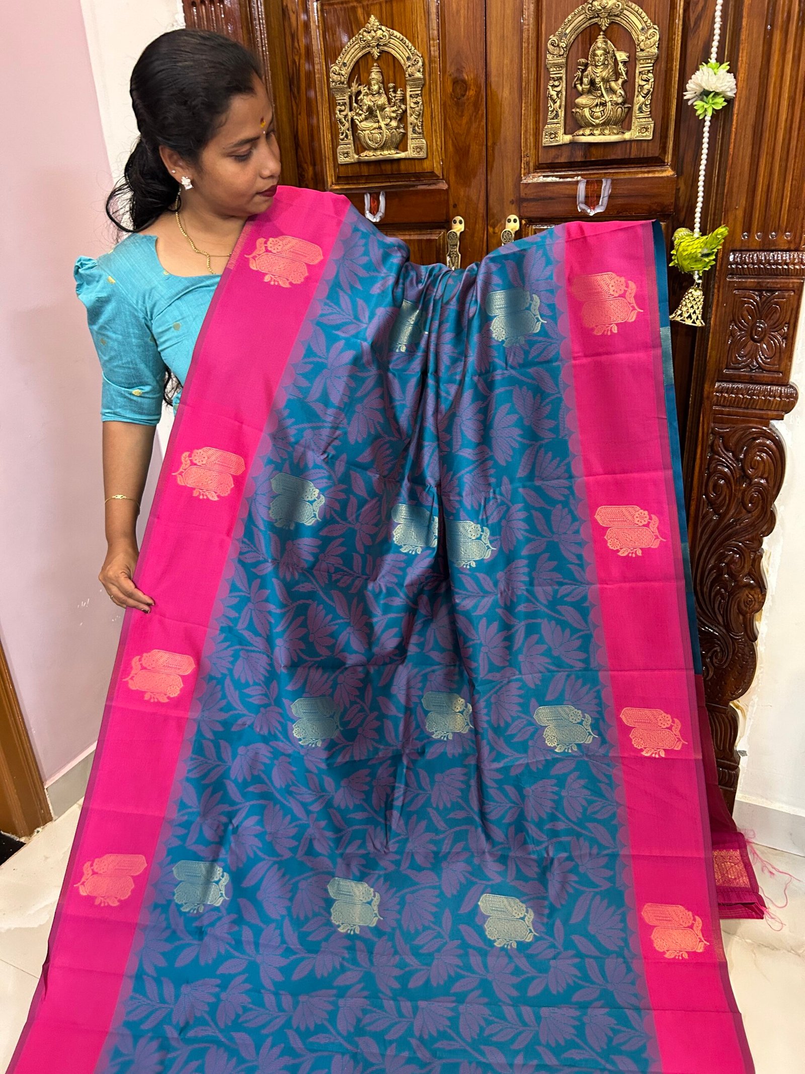 Soft Pochampally Peacock blue & Rani pink